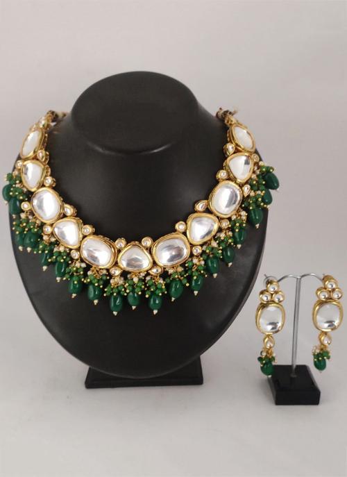 Dark Green High Kundan And Pearls Wedding Necklace Set